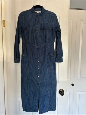 LOFT Dark Blue Denim Button-Front Long Shirt Dress